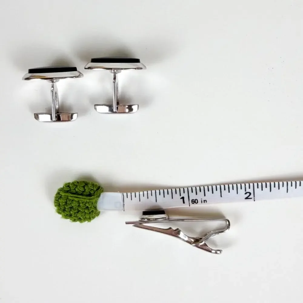 Swank Silver Tone and Black Glass Cufflinks with Matching Tie Clip
